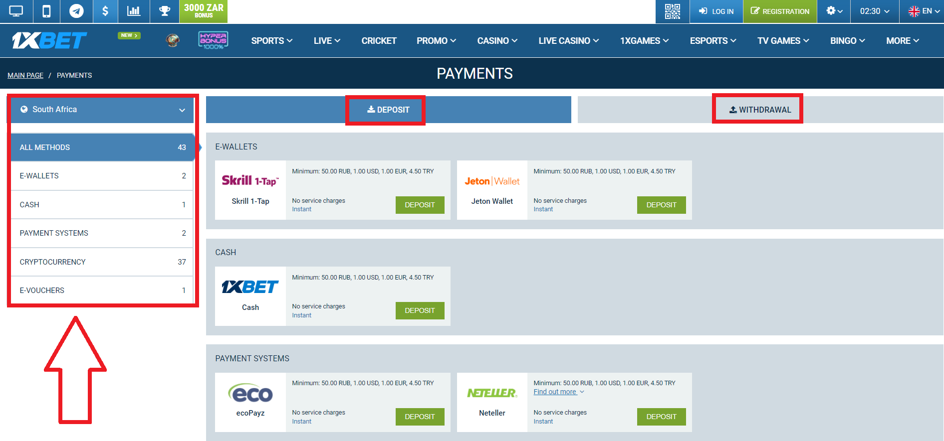 1xBet Payment Methods in South Africa